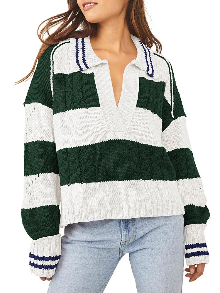 Women's Striped Oversized Pullover Sweaters Lapel Collar V Neck Long Sleeve Jumper Top