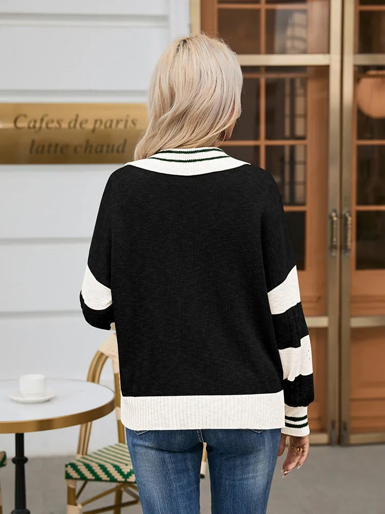 Women's Striped Oversized Pullover Sweaters Lapel Collar V Neck Long Sleeve Jumper Top