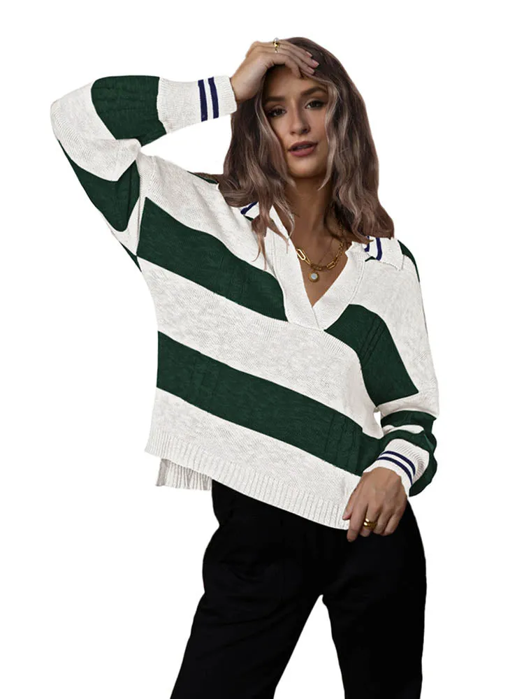 Women's Striped Oversized Pullover Sweaters Lapel Collar V Neck Long Sleeve Jumper Top