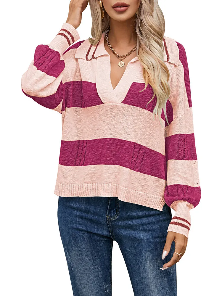 Women's Striped Oversized Pullover Sweaters Lapel Collar V Neck Long Sleeve Jumper Top