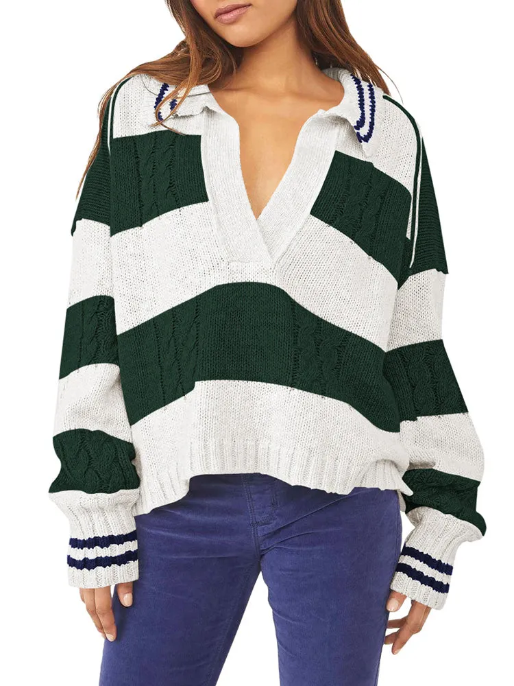 Women's Striped Oversized Pullover Sweaters Lapel Collar V Neck Long Sleeve Jumper Top