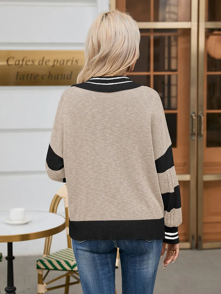 Women's Striped Oversized Pullover Sweaters Lapel Collar V Neck Long Sleeve Jumper Top