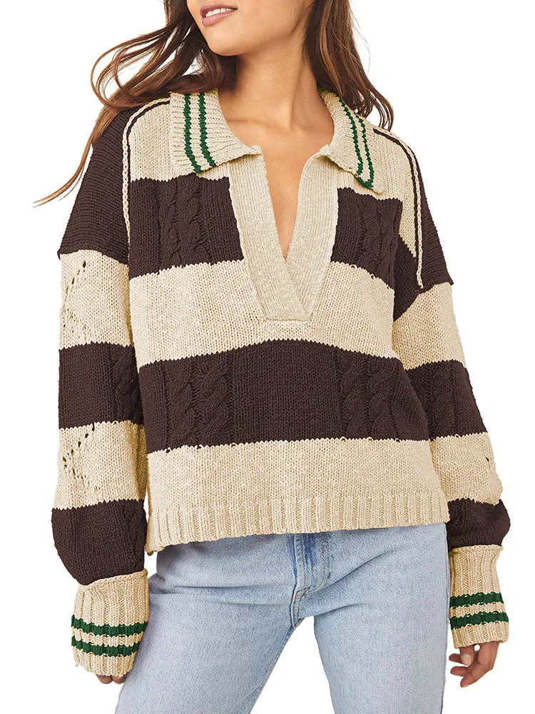 Women's Striped Oversized Pullover Sweaters Lapel Collar V Neck Long Sleeve Jumper Top