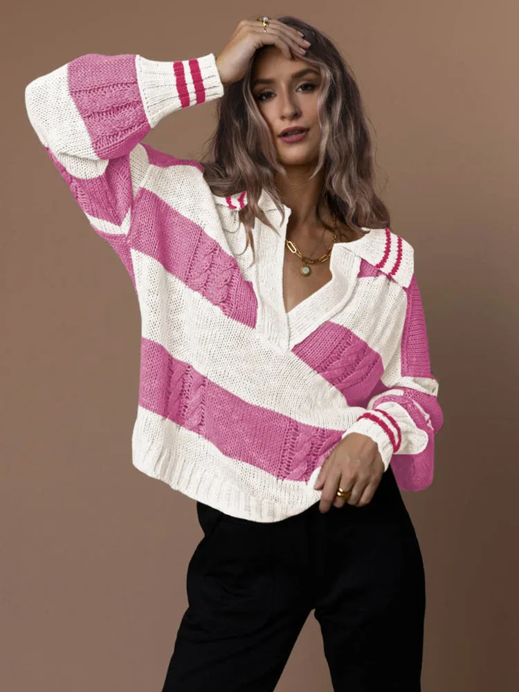 Women's Striped Oversized Pullover Sweaters Lapel Collar V Neck Long Sleeve Jumper Top