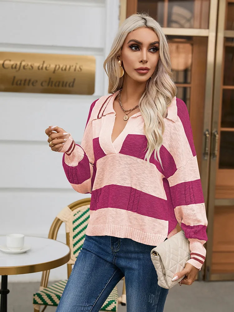 Women's Striped Oversized Pullover Sweaters Lapel Collar V Neck Long Sleeve Jumper Top