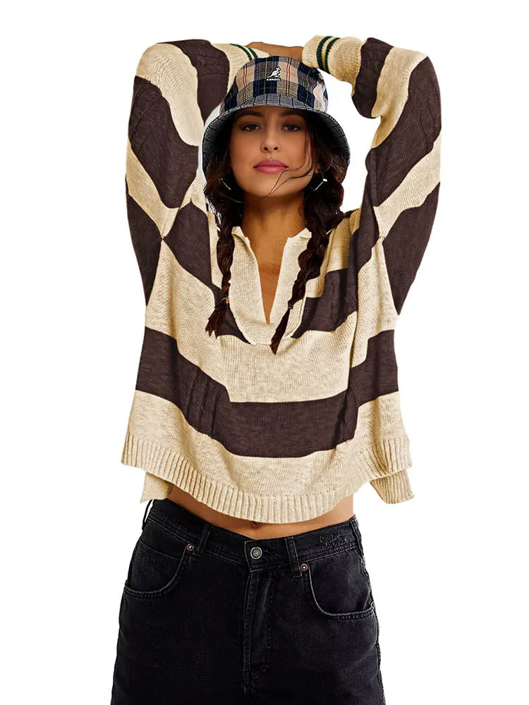 Women's Striped Oversized Pullover Sweaters Lapel Collar V Neck Long Sleeve Jumper Top