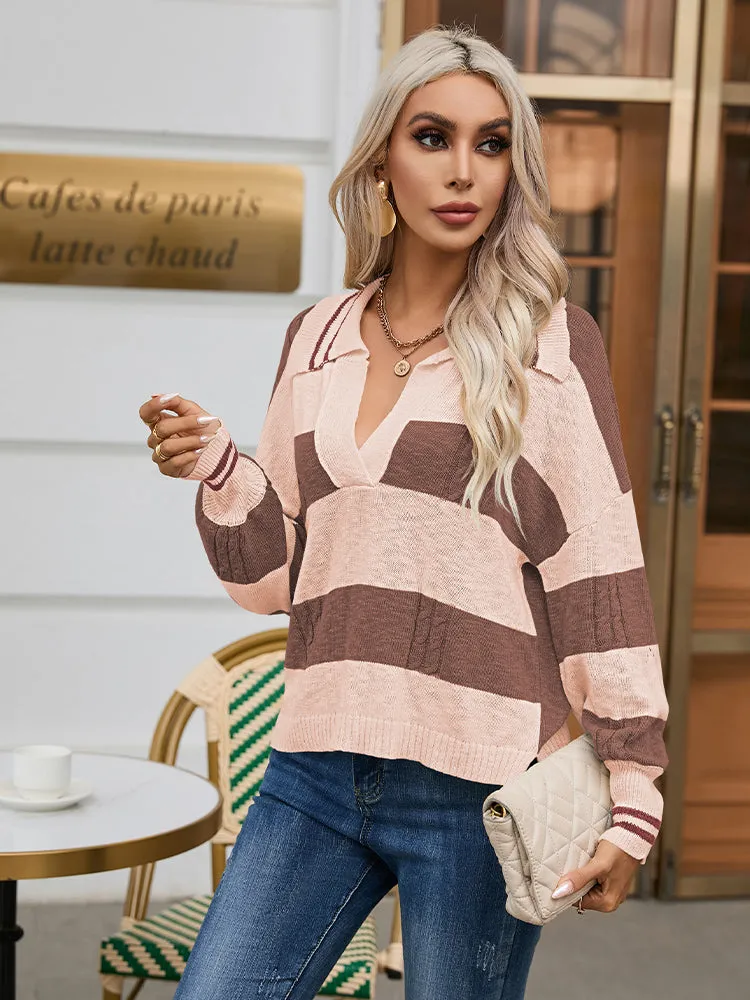 Women's Striped Oversized Pullover Sweaters Lapel Collar V Neck Long Sleeve Jumper Top