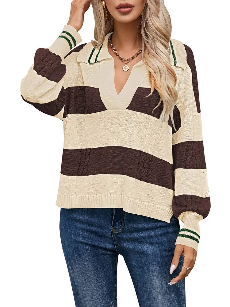 Women's Striped Oversized Pullover Sweaters Lapel Collar V Neck Long Sleeve Jumper Top