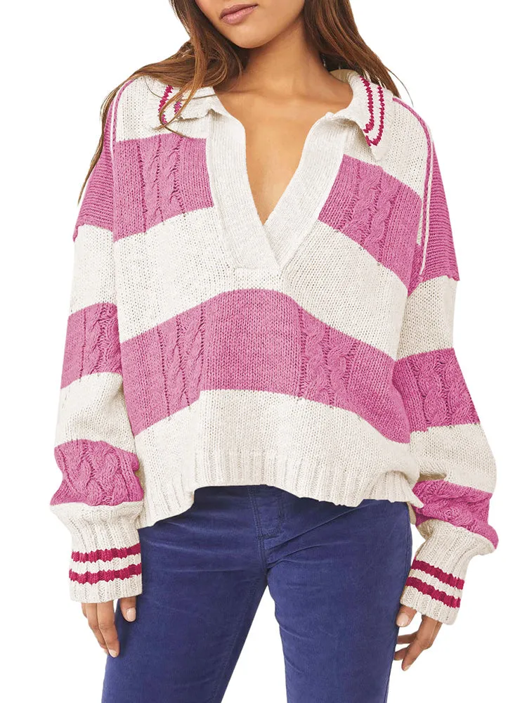 Women's Striped Oversized Pullover Sweaters Lapel Collar V Neck Long Sleeve Jumper Top