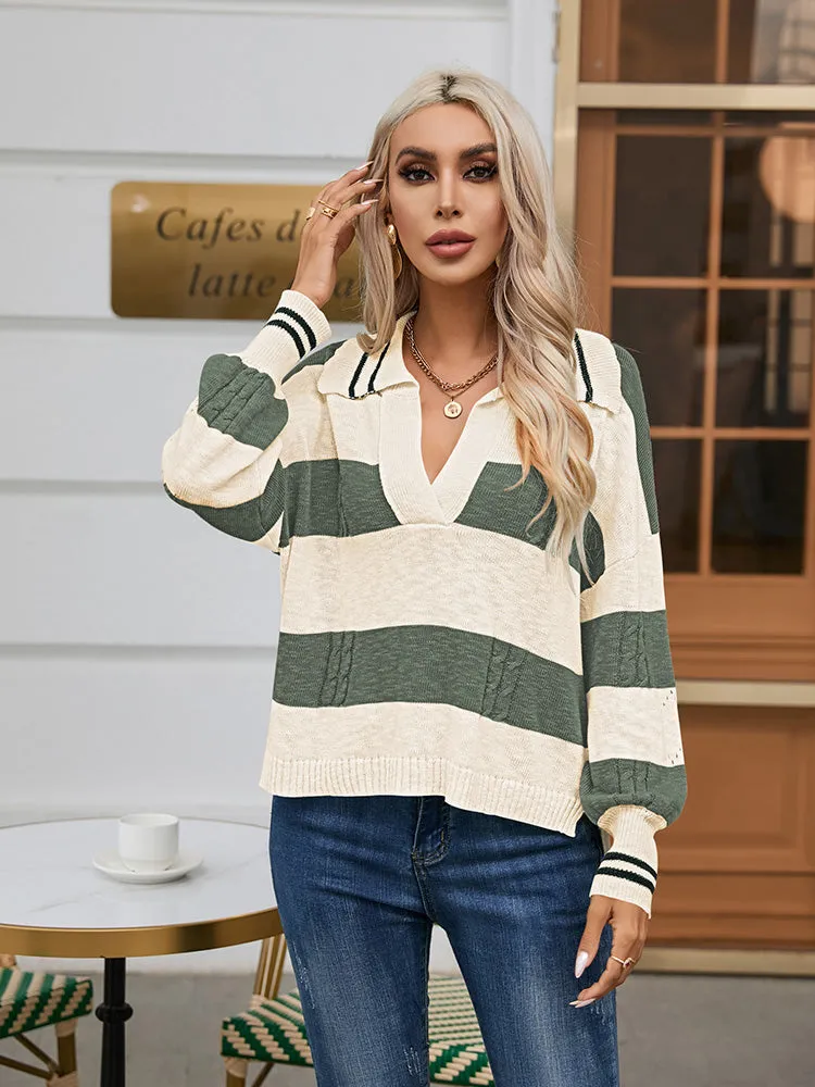 Women's Striped Oversized Pullover Sweaters Lapel Collar V Neck Long Sleeve Jumper Top