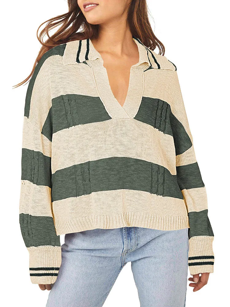 Women's Striped Oversized Pullover Sweaters Lapel Collar V Neck Long Sleeve Jumper Top