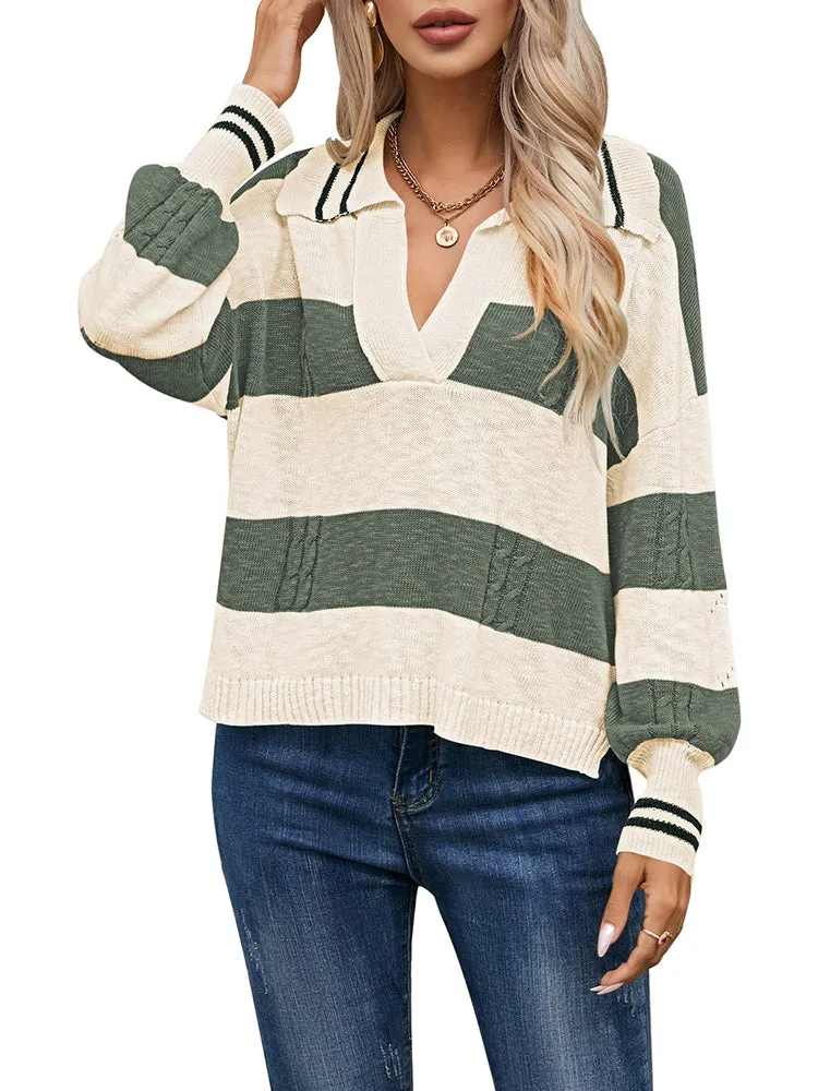 Women's Striped Oversized Pullover Sweaters Lapel Collar V Neck Long Sleeve Jumper Top