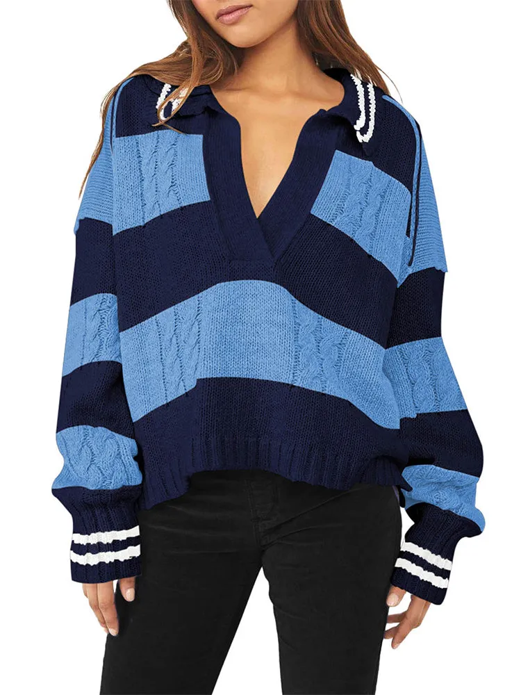 Women's Striped Oversized Pullover Sweaters Lapel Collar V Neck Long Sleeve Jumper Top