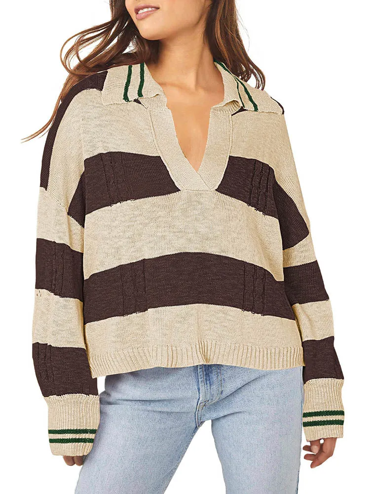 Women's Striped Oversized Pullover Sweaters Lapel Collar V Neck Long Sleeve Jumper Top