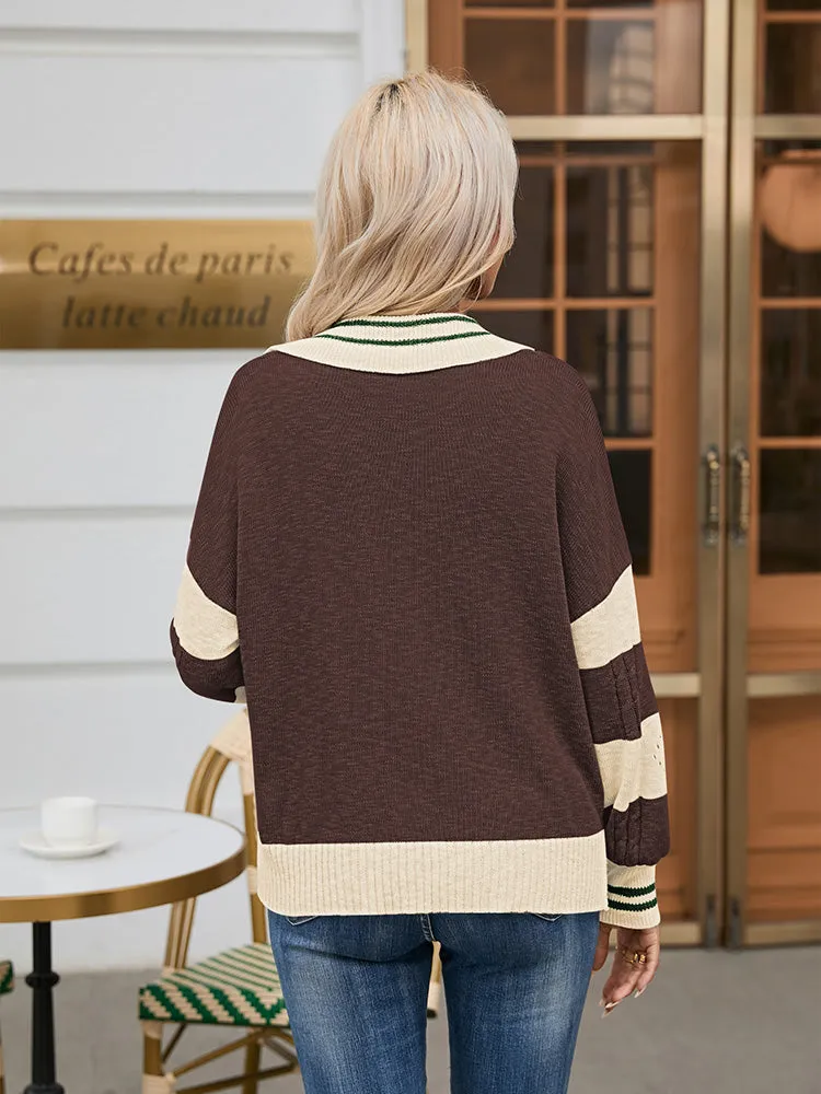 Women's Striped Oversized Pullover Sweaters Lapel Collar V Neck Long Sleeve Jumper Top