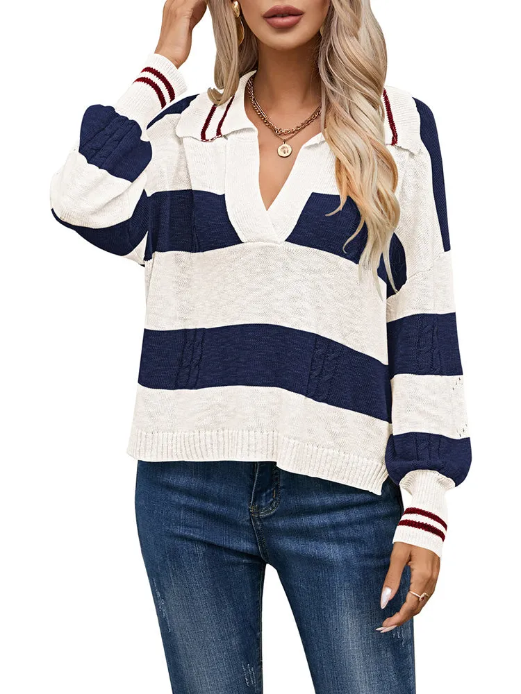 Women's Striped Oversized Pullover Sweaters Lapel Collar V Neck Long Sleeve Jumper Top