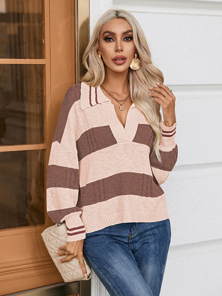 Women's Striped Oversized Pullover Sweaters Lapel Collar V Neck Long Sleeve Jumper Top