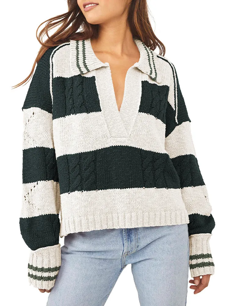 Women's Striped Oversized Pullover Sweaters Lapel Collar V Neck Long Sleeve Jumper Top