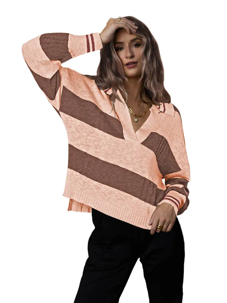 Women's Striped Oversized Pullover Sweaters Lapel Collar V Neck Long Sleeve Jumper Top