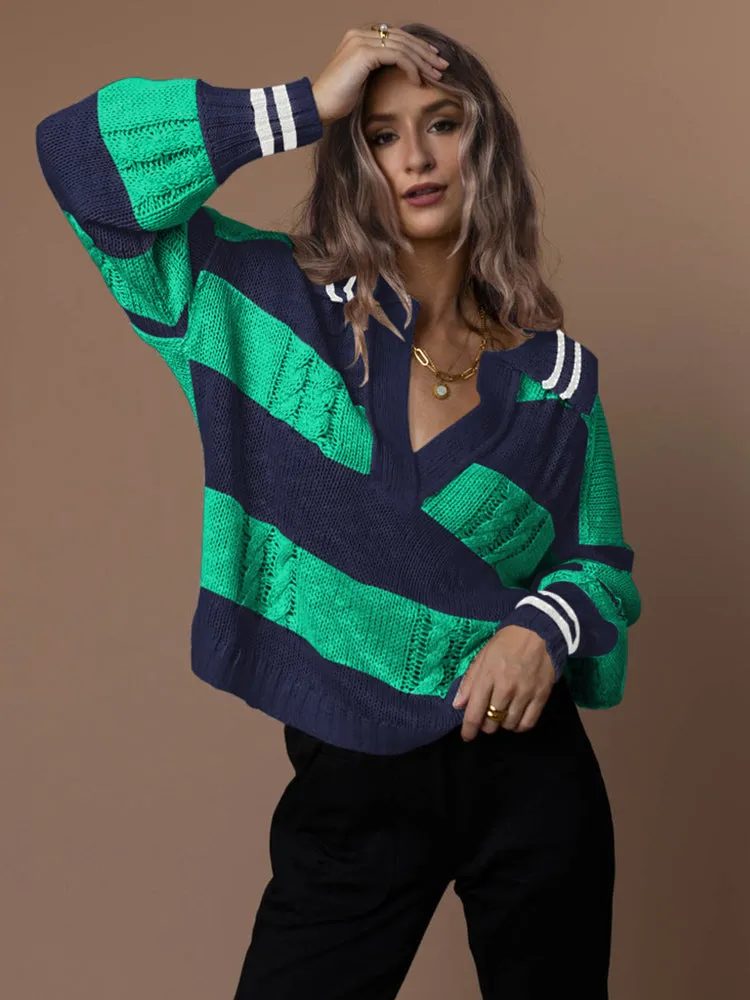 Women's Striped Oversized Pullover Sweaters Lapel Collar V Neck Long Sleeve Jumper Top