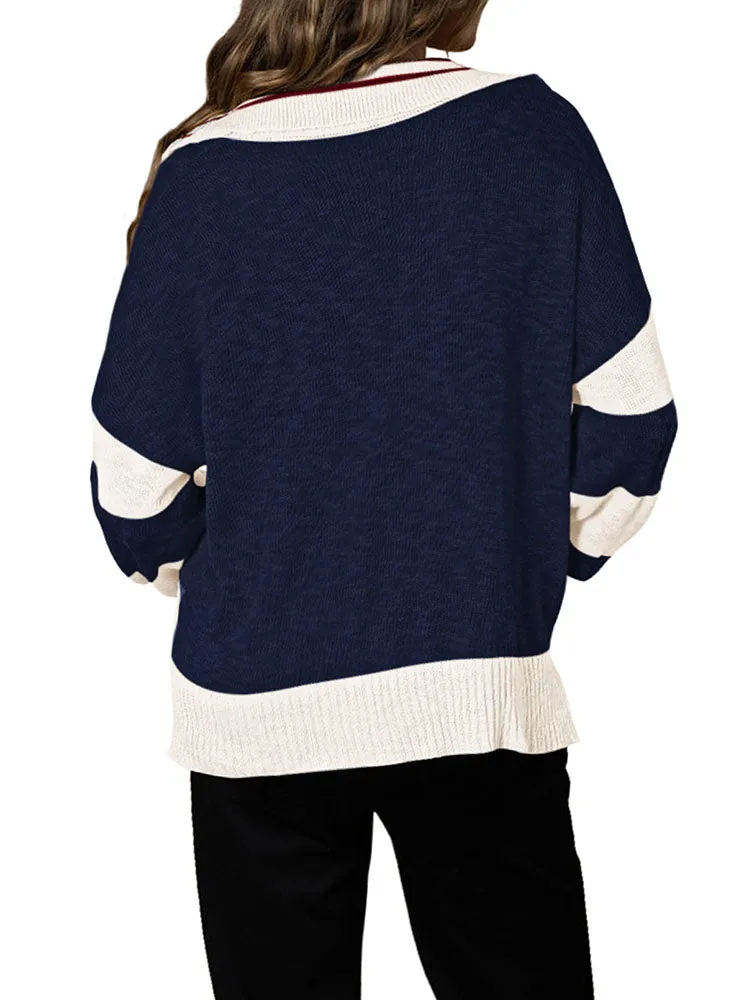 Women's Striped Oversized Pullover Sweaters Lapel Collar V Neck Long Sleeve Jumper Top