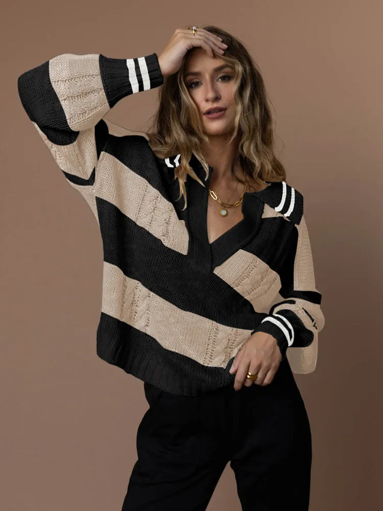 Women's Striped Oversized Pullover Sweaters Lapel Collar V Neck Long Sleeve Jumper Top