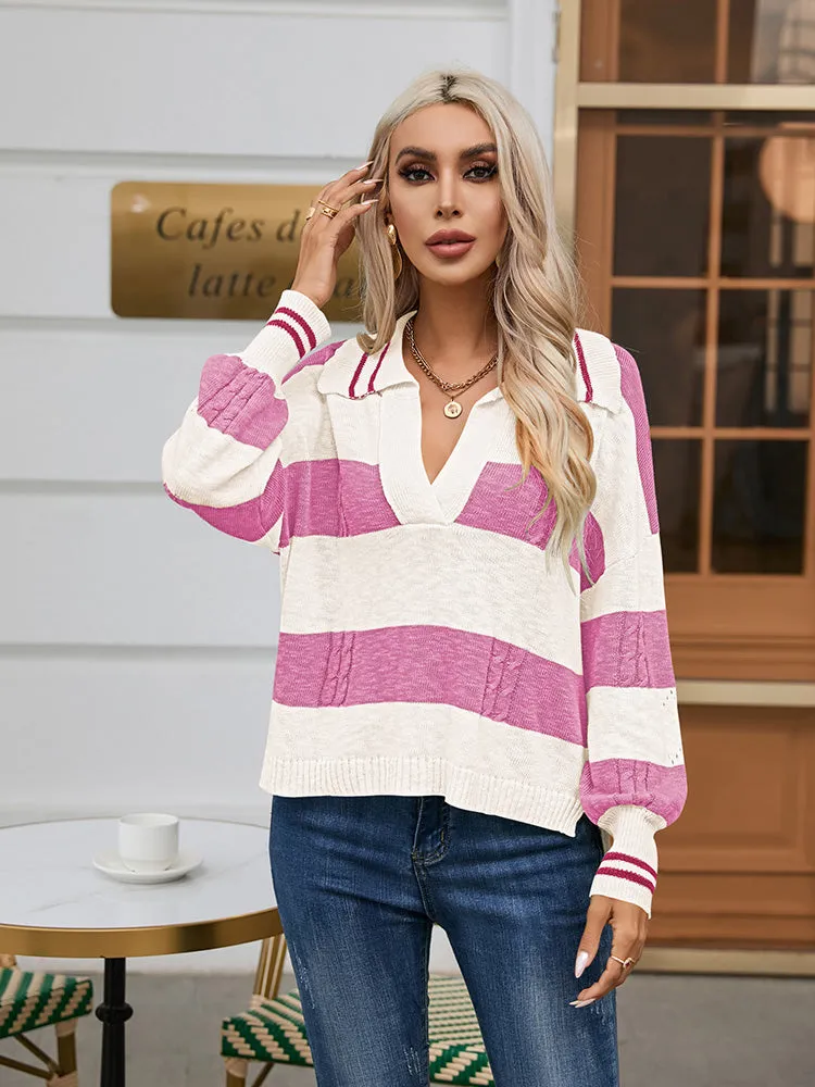 Women's Striped Oversized Pullover Sweaters Lapel Collar V Neck Long Sleeve Jumper Top