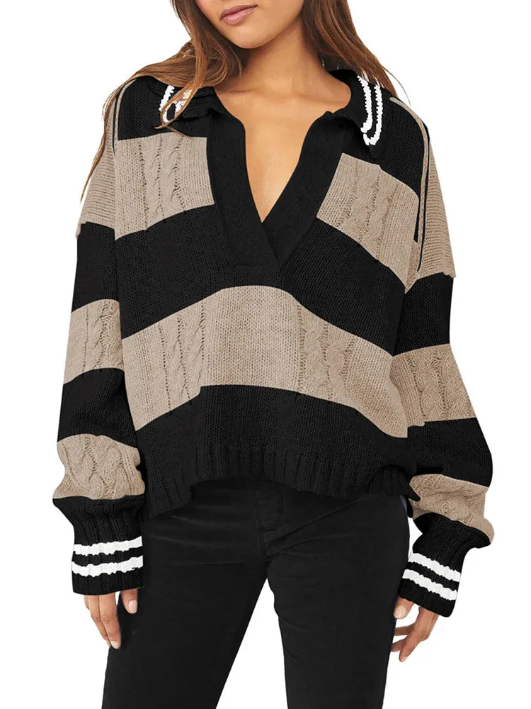 Women's Striped Oversized Pullover Sweaters Lapel Collar V Neck Long Sleeve Jumper Top