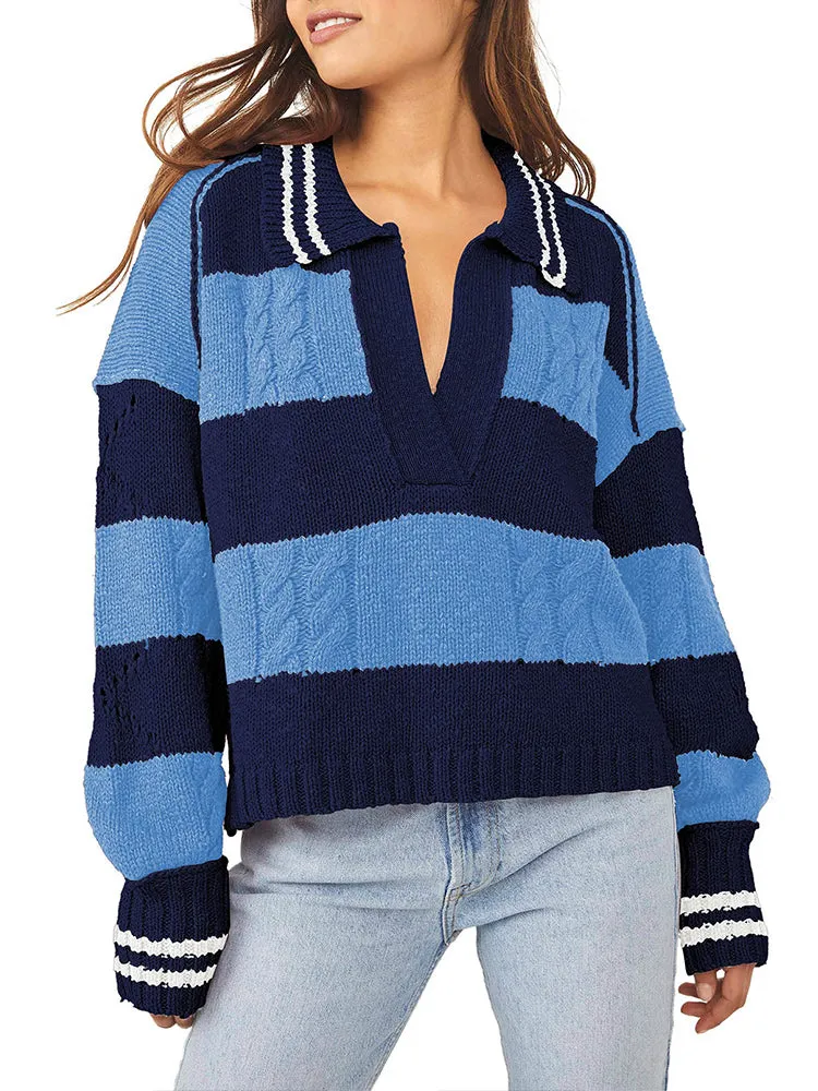 Women's Striped Oversized Pullover Sweaters Lapel Collar V Neck Long Sleeve Jumper Top