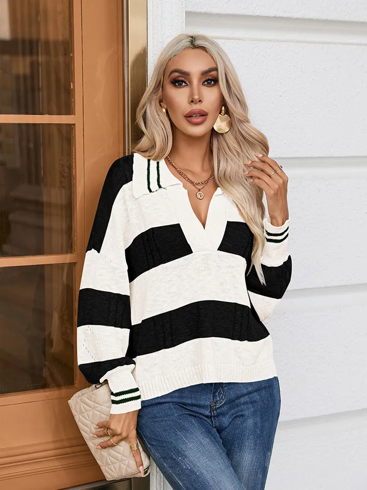 Women's Striped Oversized Pullover Sweaters Lapel Collar V Neck Long Sleeve Jumper Top