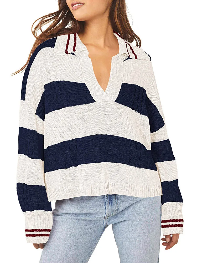 Women's Striped Oversized Pullover Sweaters Lapel Collar V Neck Long Sleeve Jumper Top