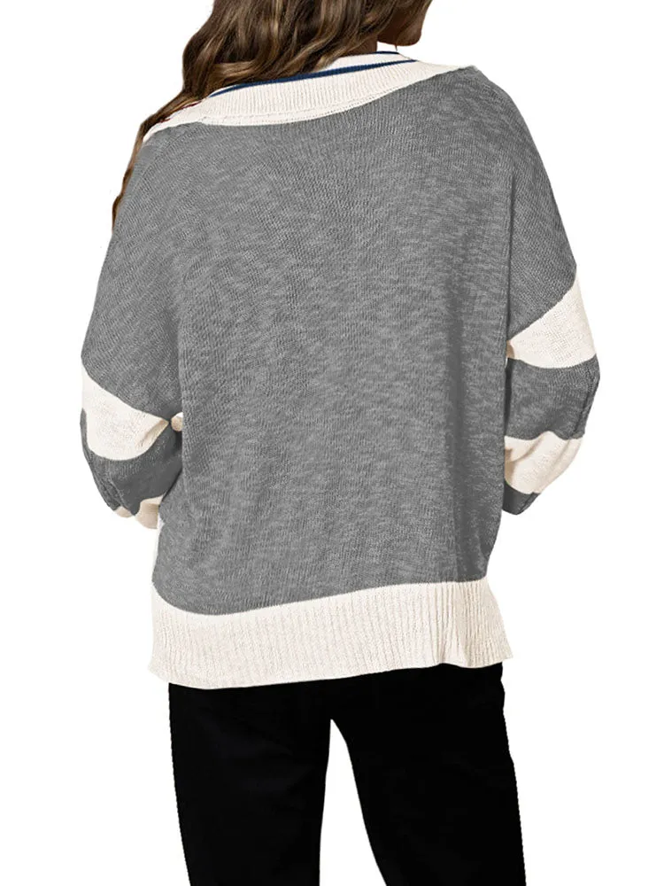 Women's Striped Oversized Pullover Sweaters Lapel Collar V Neck Long Sleeve Jumper Top