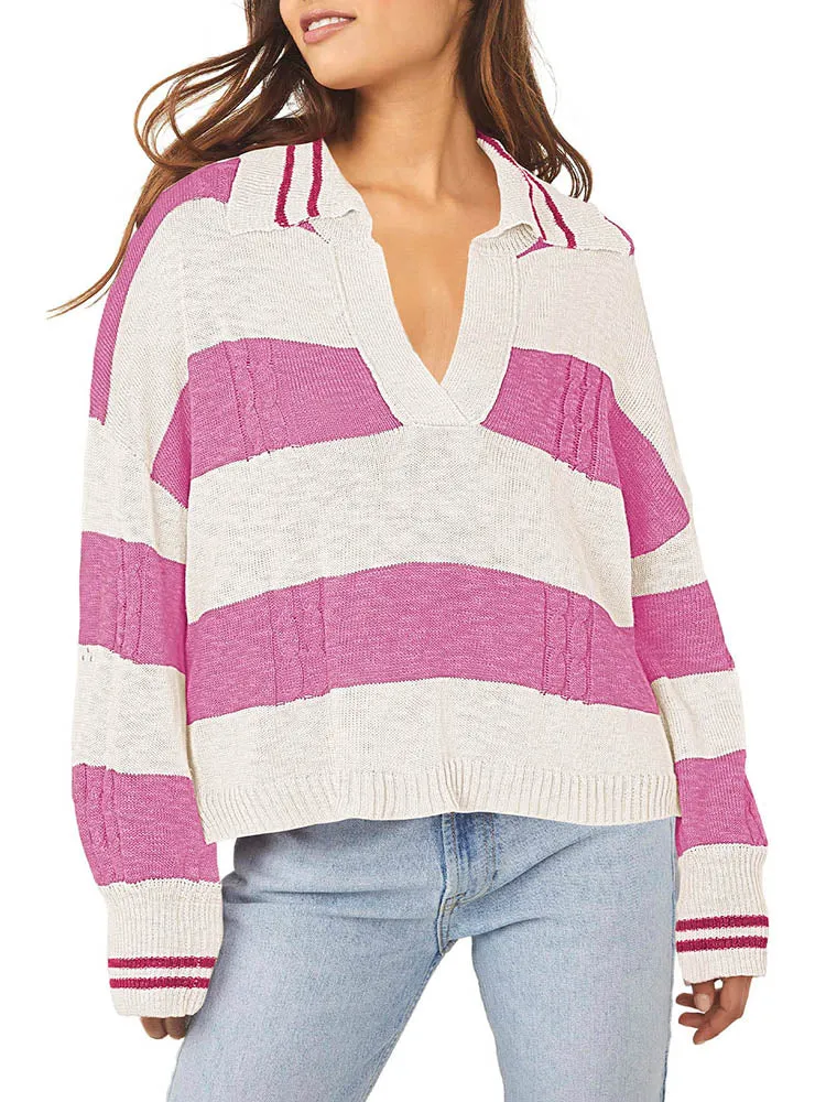 Women's Striped Oversized Pullover Sweaters Lapel Collar V Neck Long Sleeve Jumper Top