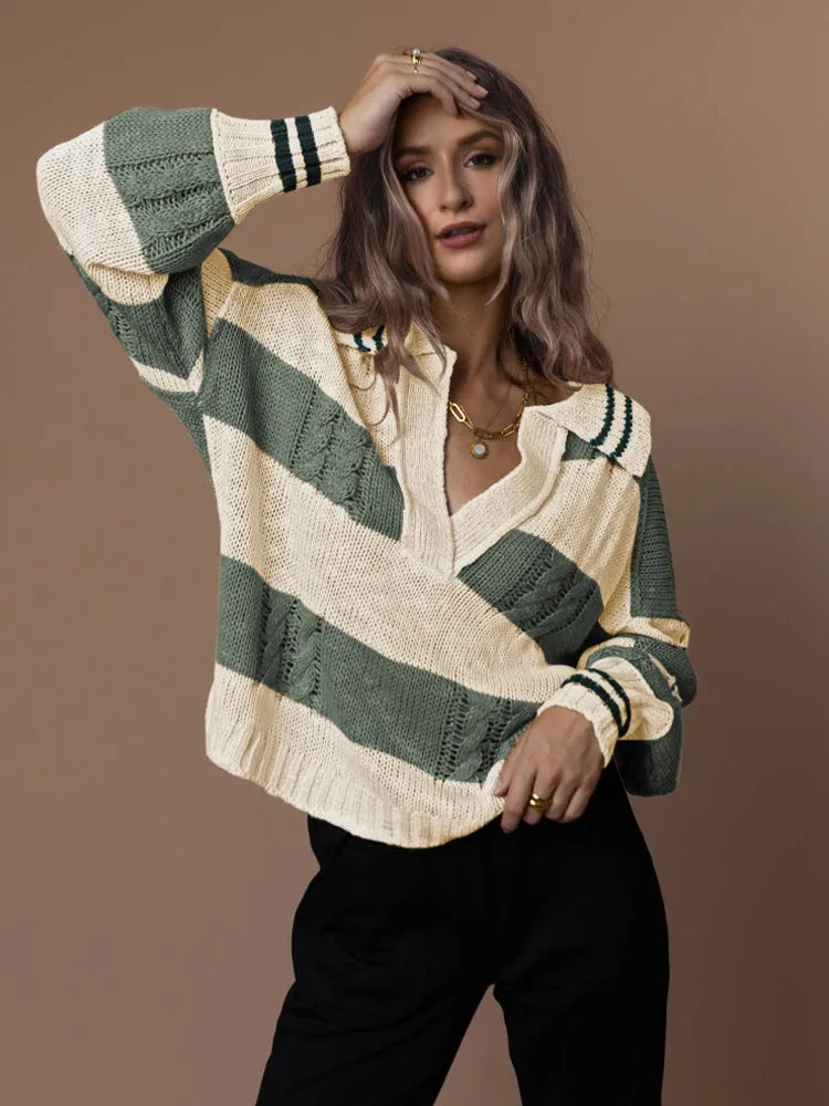 Women's Striped Oversized Pullover Sweaters Lapel Collar V Neck Long Sleeve Jumper Top