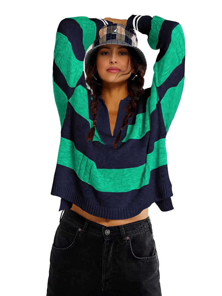 Women's Striped Oversized Pullover Sweaters Lapel Collar V Neck Long Sleeve Jumper Top