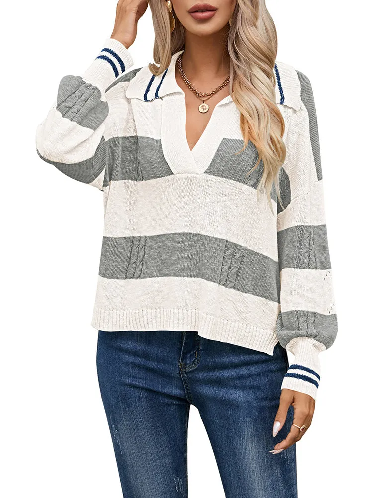 Women's Striped Oversized Pullover Sweaters Lapel Collar V Neck Long Sleeve Jumper Top