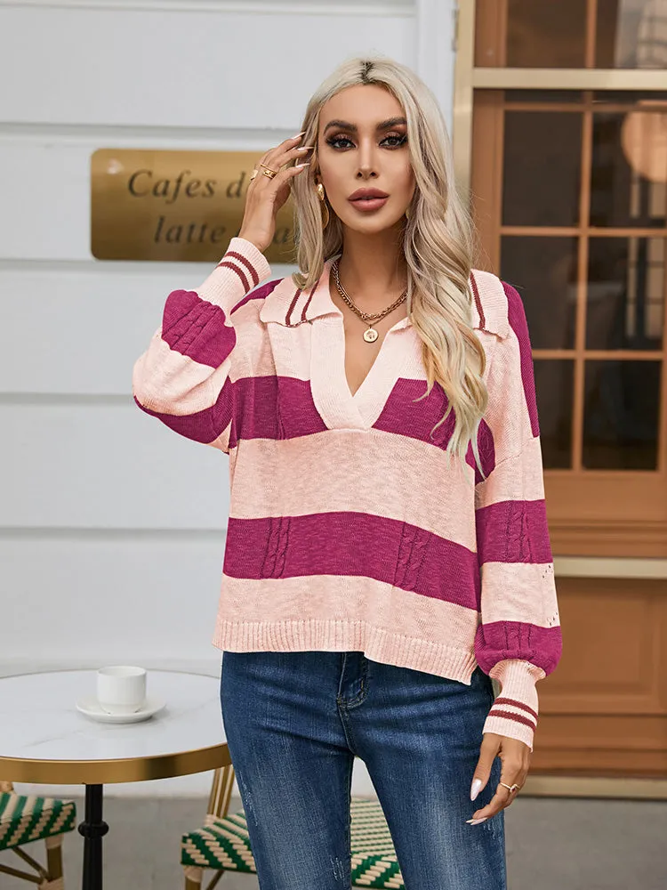 Women's Striped Oversized Pullover Sweaters Lapel Collar V Neck Long Sleeve Jumper Top