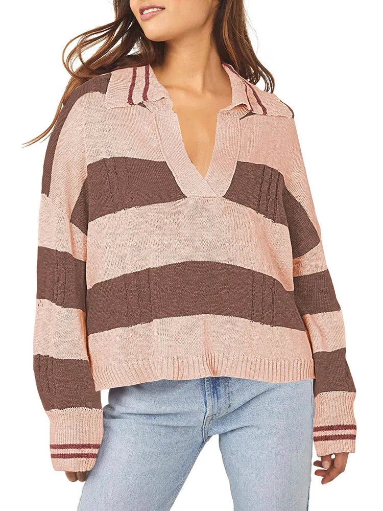 Women's Striped Oversized Pullover Sweaters Lapel Collar V Neck Long Sleeve Jumper Top