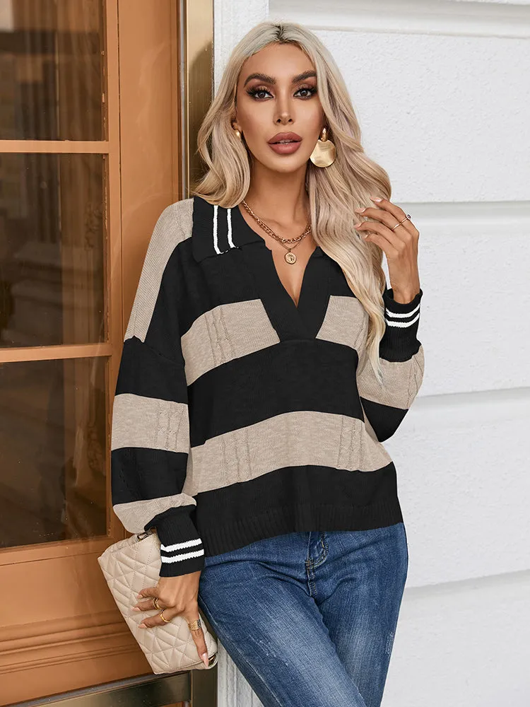 Women's Striped Oversized Pullover Sweaters Lapel Collar V Neck Long Sleeve Jumper Top