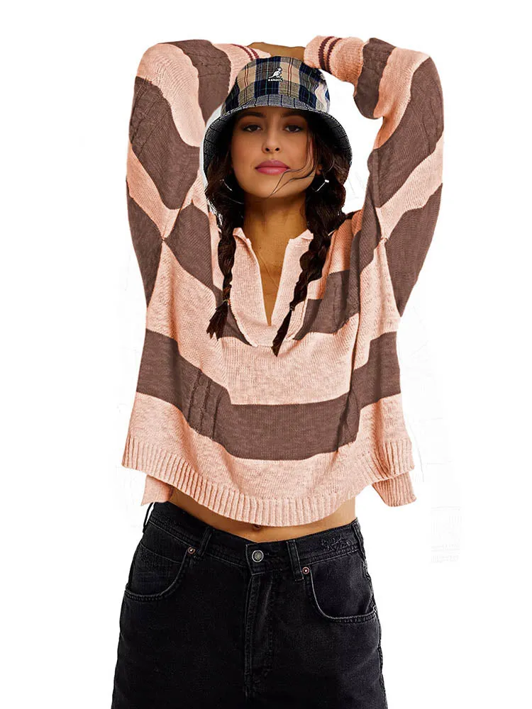 Women's Striped Oversized Pullover Sweaters Lapel Collar V Neck Long Sleeve Jumper Top