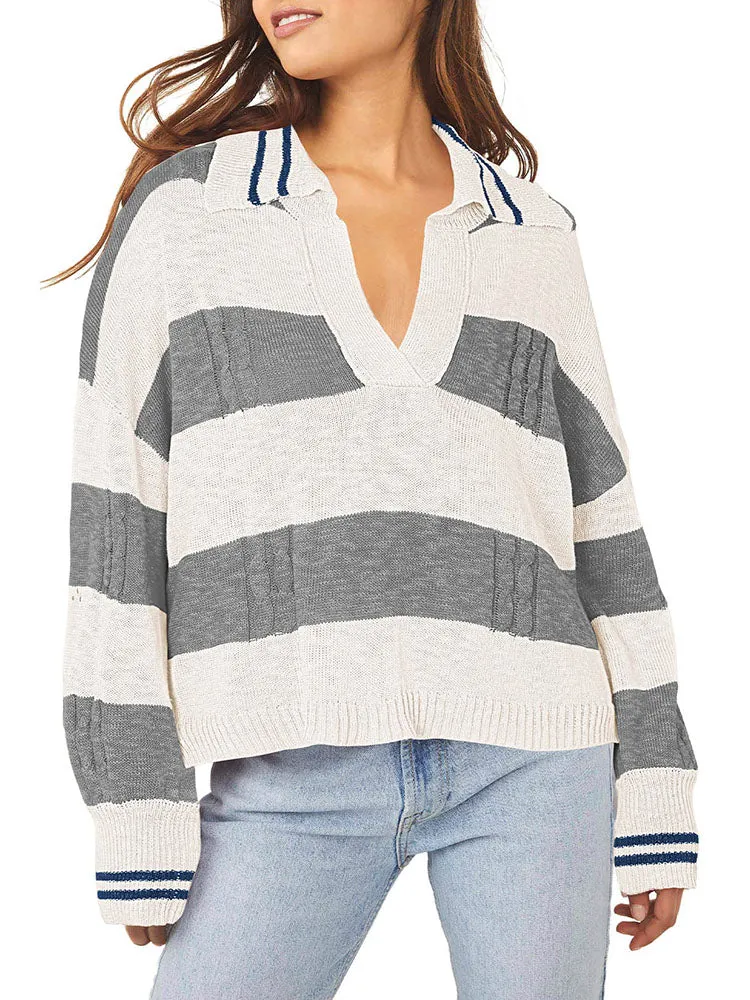 Women's Striped Oversized Pullover Sweaters Lapel Collar V Neck Long Sleeve Jumper Top