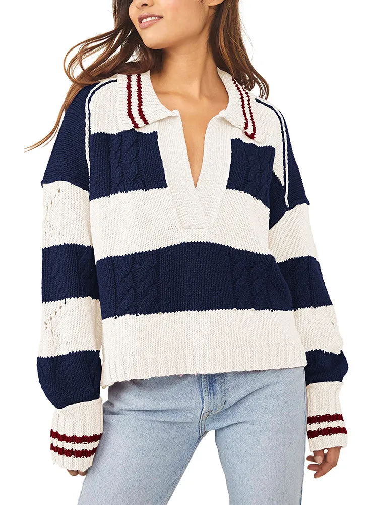 Women's Striped Oversized Pullover Sweaters Lapel Collar V Neck Long Sleeve Jumper Top