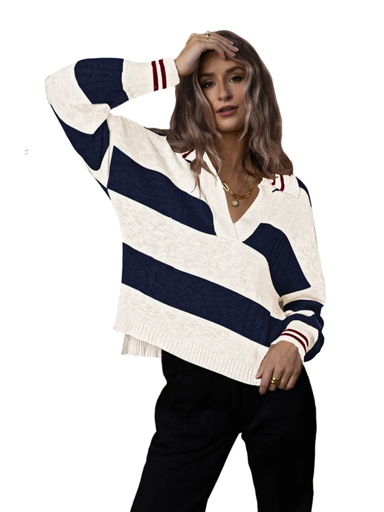 Women's Striped Oversized Pullover Sweaters Lapel Collar V Neck Long Sleeve Jumper Top